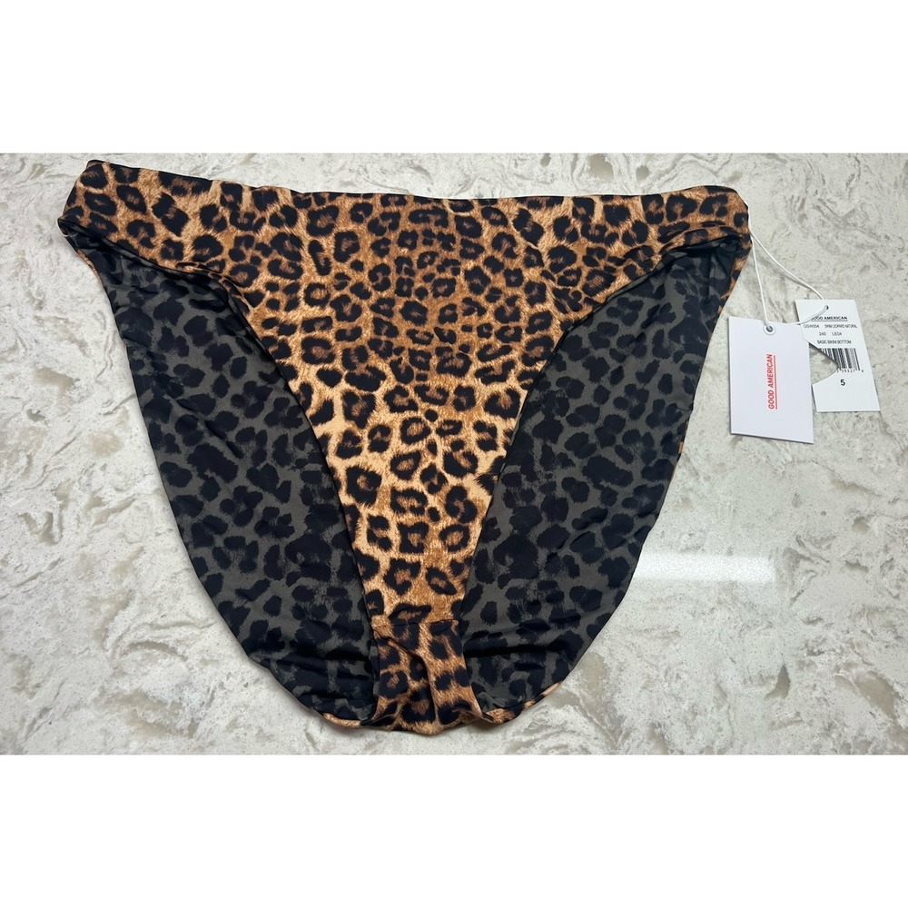 Good American Basic Reversible Bikini Bottoms Sz 5 (2X) Tan Sage Leopard NWT